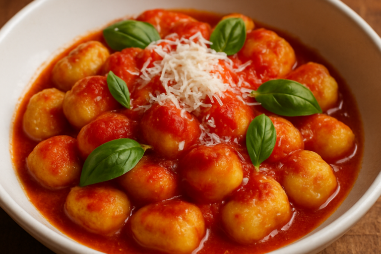 nhoque air fryer dourado com molho de tomate e parmesão em prato de cerâmica branca