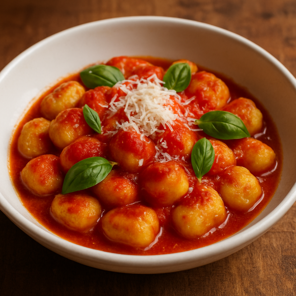 nhoque air fryer dourado com molho de tomate e parmesão em prato de cerâmica branca