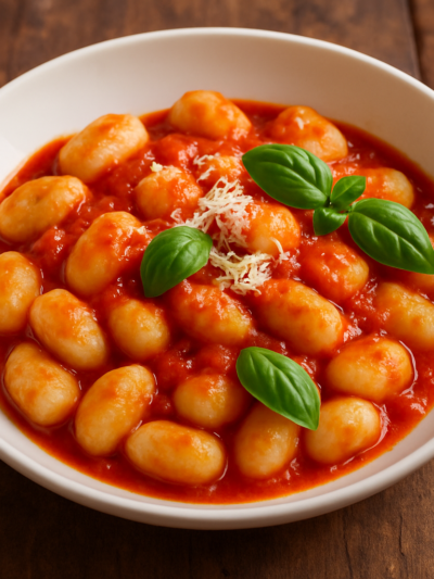 nhoque de arroz caseiro coberto com molho de tomate e parmesão em prato branco