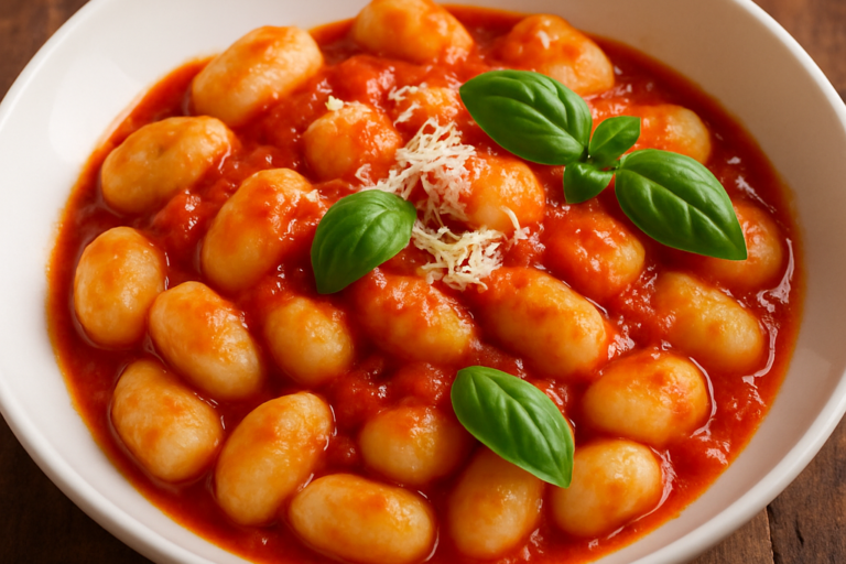 nhoque de arroz caseiro coberto com molho de tomate e parmesão em prato branco