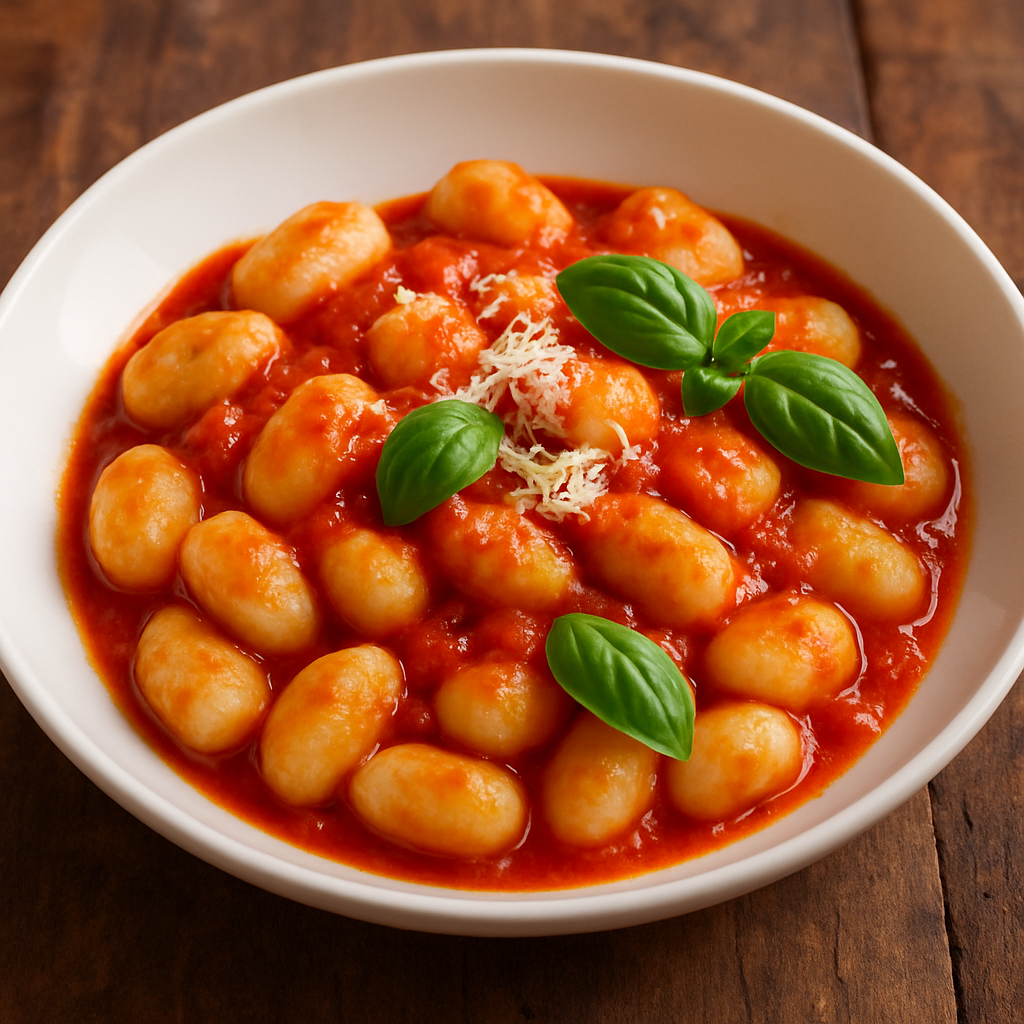 nhoque de arroz caseiro coberto com molho de tomate e parmesão em prato branco