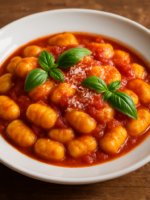 nhoque de milho amarelo com molho de tomate caseiro e parmesão ralado em prato fundo branco