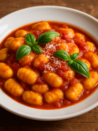 nhoque de milho amarelo com molho de tomate caseiro e parmesão ralado em prato fundo branco