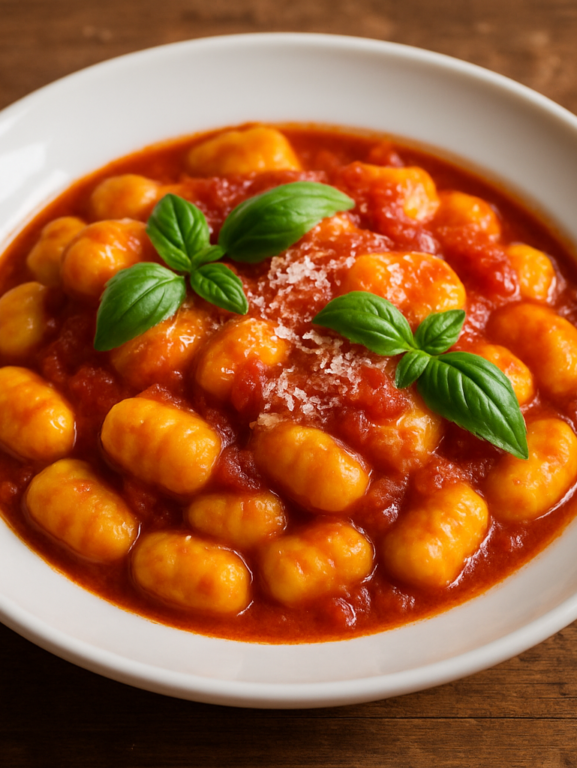 nhoque de milho amarelo com molho de tomate caseiro e parmesão ralado em prato fundo branco