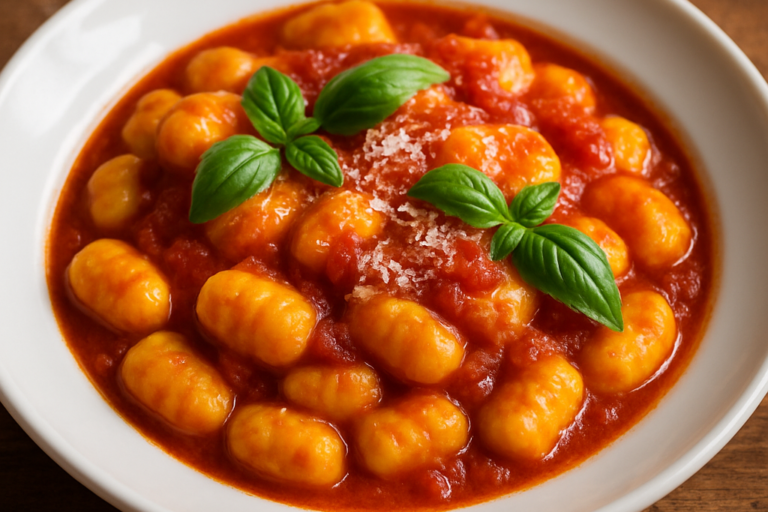 nhoque de milho amarelo com molho de tomate caseiro e parmesão ralado em prato fundo branco