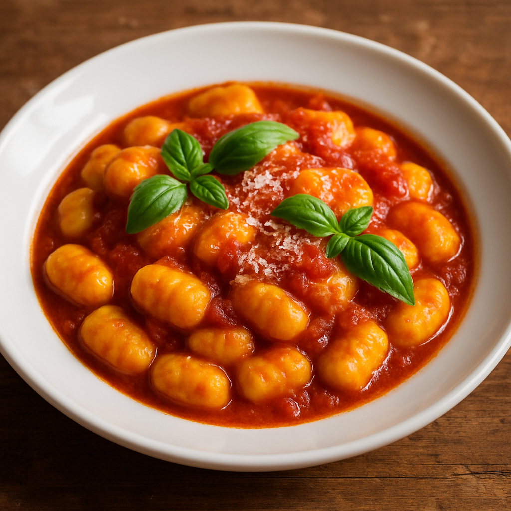 nhoque de milho amarelo com molho de tomate caseiro e parmesão ralado em prato fundo branco