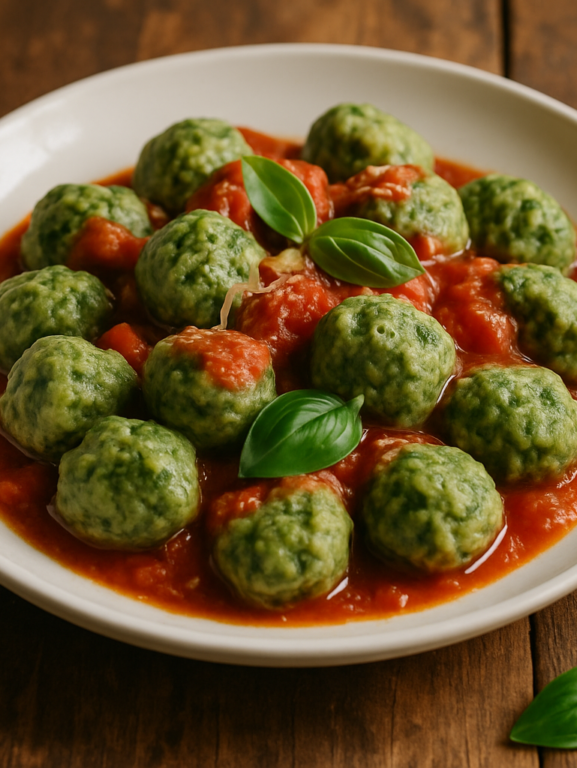 Nhoque sem batata de ricota e espinafre com molho de tomate e parmesão em prato fundo branco