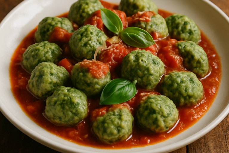 Nhoque sem batata de ricota e espinafre com molho de tomate e parmesão em prato fundo branco