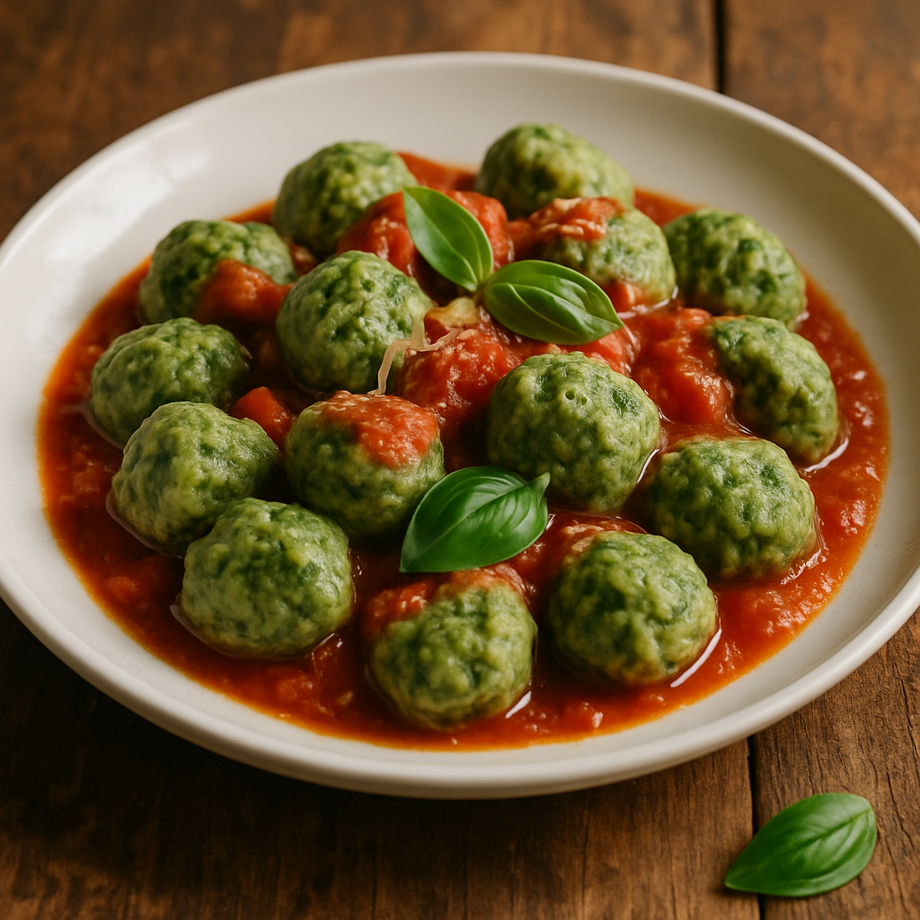 Nhoque sem batata de ricota e espinafre com molho de tomate e parmesão em prato fundo branco