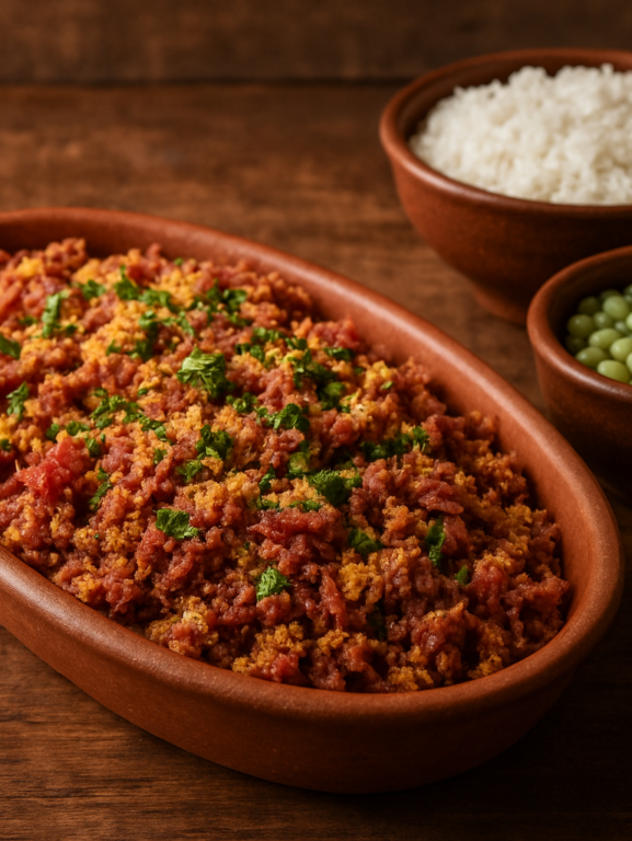 paçoca de carne seca nordestina em travessa de barro com farinha de milho e salsinha