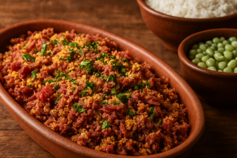 paçoca de carne seca nordestina em travessa de barro com farinha de milho e salsinha