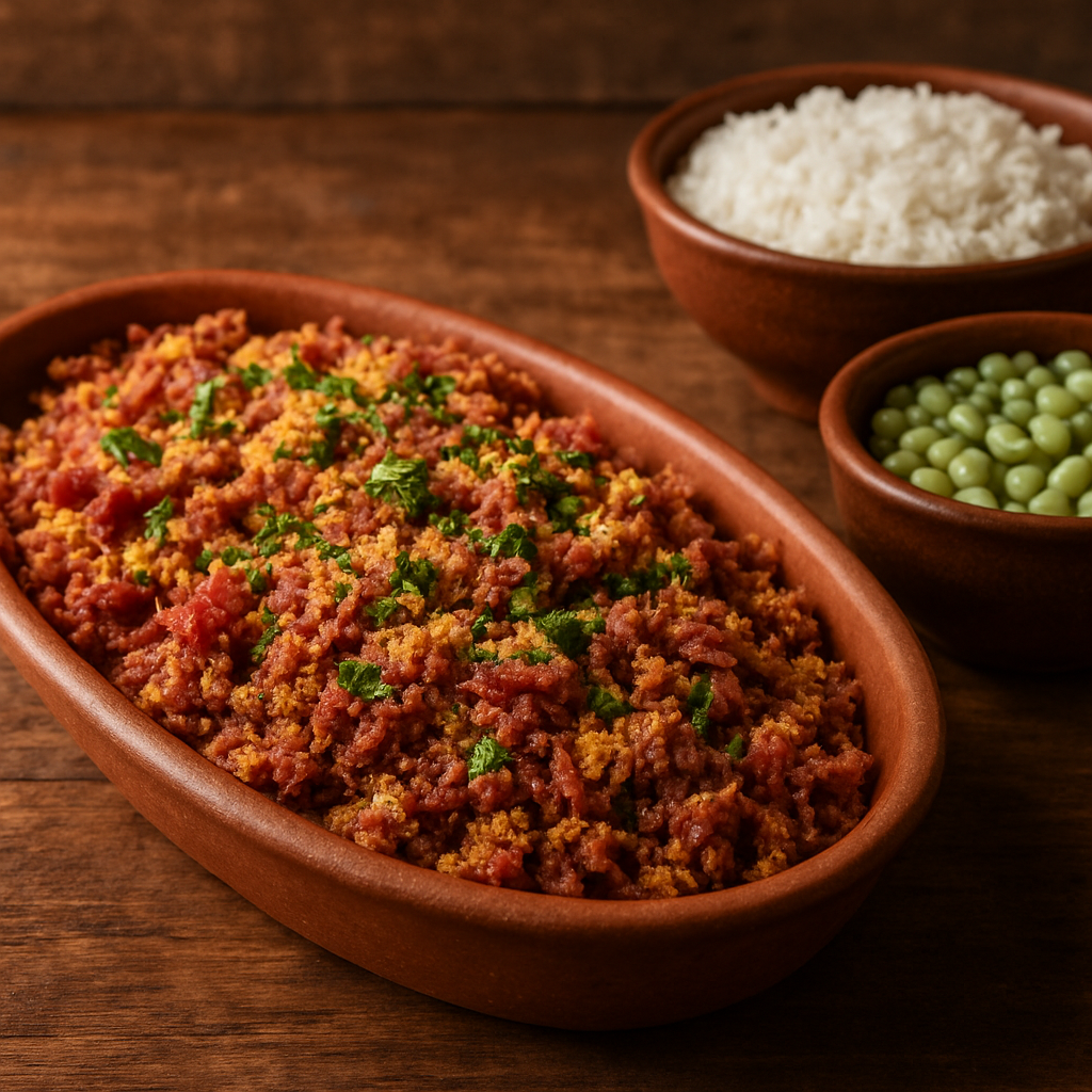 paçoca de carne seca nordestina em travessa de barro com farinha de milho e salsinha