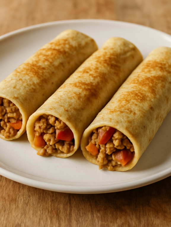 Panqueca de proteína de soja light enrolada com recheio de soja texturizada, cenoura e tomate, servida em prato branco