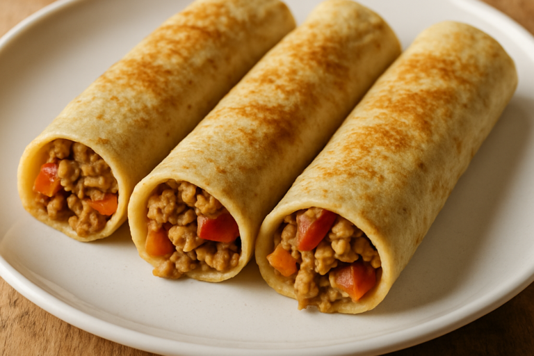 Panqueca de proteína de soja light enrolada com recheio de soja texturizada, cenoura e tomate, servida em prato branco