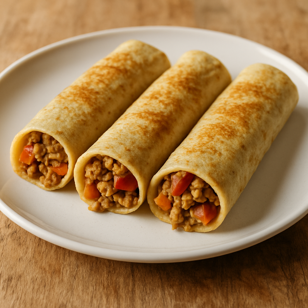 Panqueca de proteína de soja light enrolada com recheio de soja texturizada, cenoura e tomate, servida em prato branco