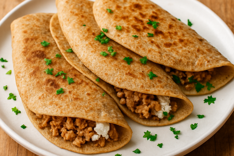 Panqueca Integral de Soja e Ricota dobrada em prato branco com salsinha picada por cima
