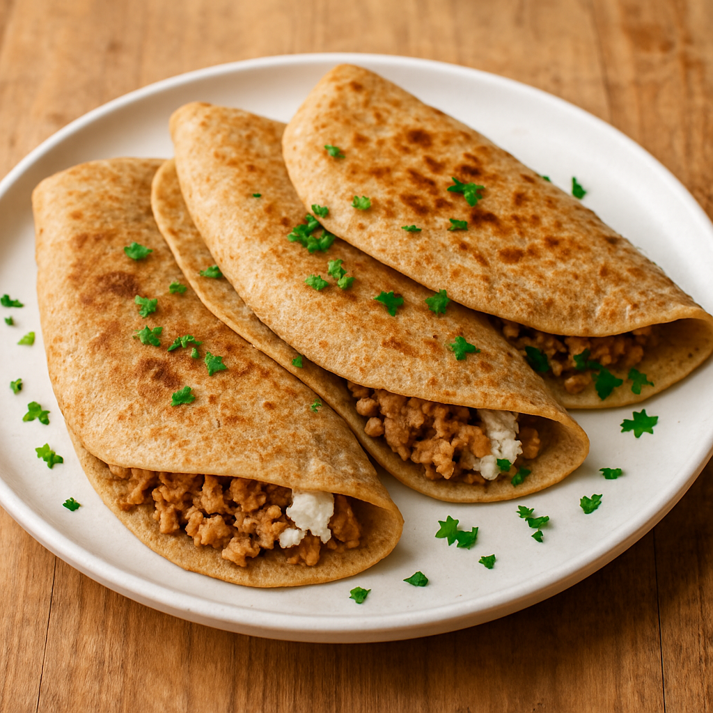 Panqueca Integral de Soja e Ricota dobrada em prato branco com salsinha picada por cima