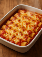 panqueca sem açúcar para almoço com recheio de frango e molho de tomate gratinado em refratário branco