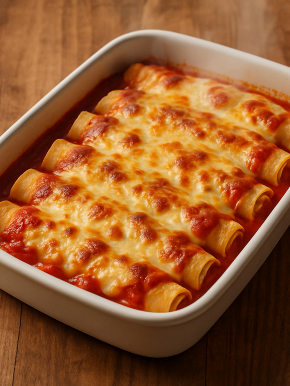 panqueca sem açúcar para almoço com recheio de frango e molho de tomate gratinado em refratário branco