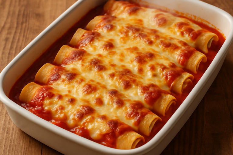 panqueca sem açúcar para almoço com recheio de frango e molho de tomate gratinado em refratário branco