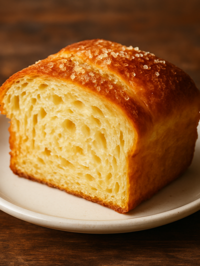 Pão da Dona Sueli trançado e dourado, com fatia cortada mostrando recheio de goiabada