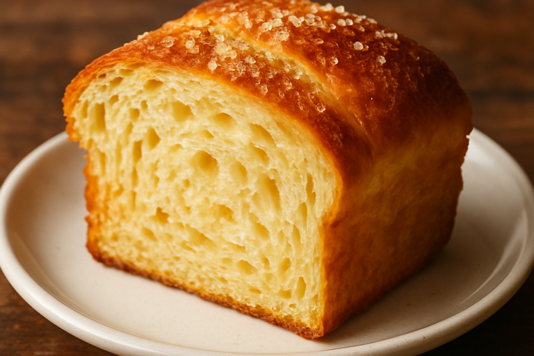Pão da Dona Sueli trançado e dourado, com fatia cortada mostrando recheio de goiabada