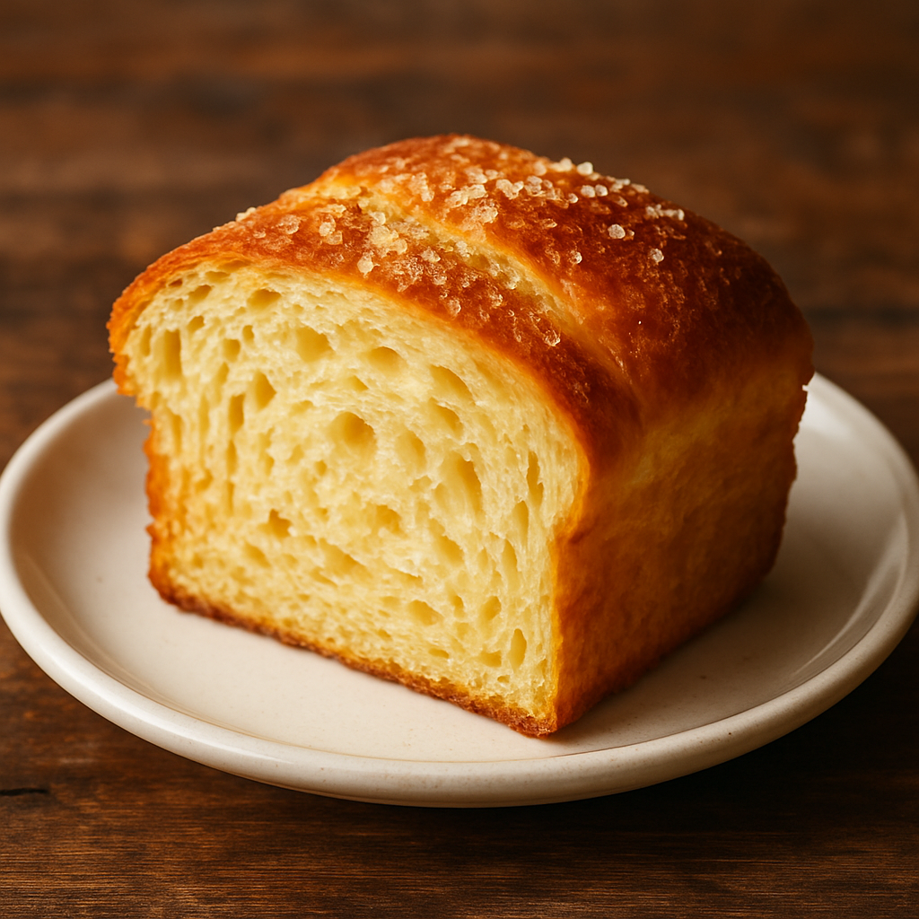 Pão da Dona Sueli trançado e dourado, com fatia cortada mostrando recheio de goiabada
