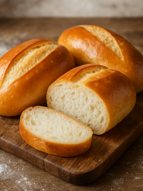 pão de água caseiro fofinho com casca dourada e miolo macio cortado ao meio sobre tábua de madeira