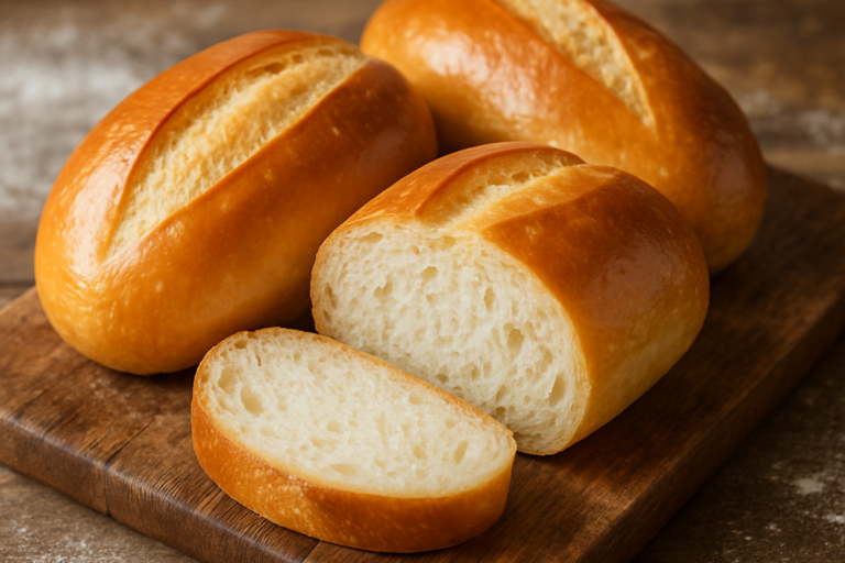 pão de água caseiro fofinho com casca dourada e miolo macio cortado ao meio sobre tábua de madeira