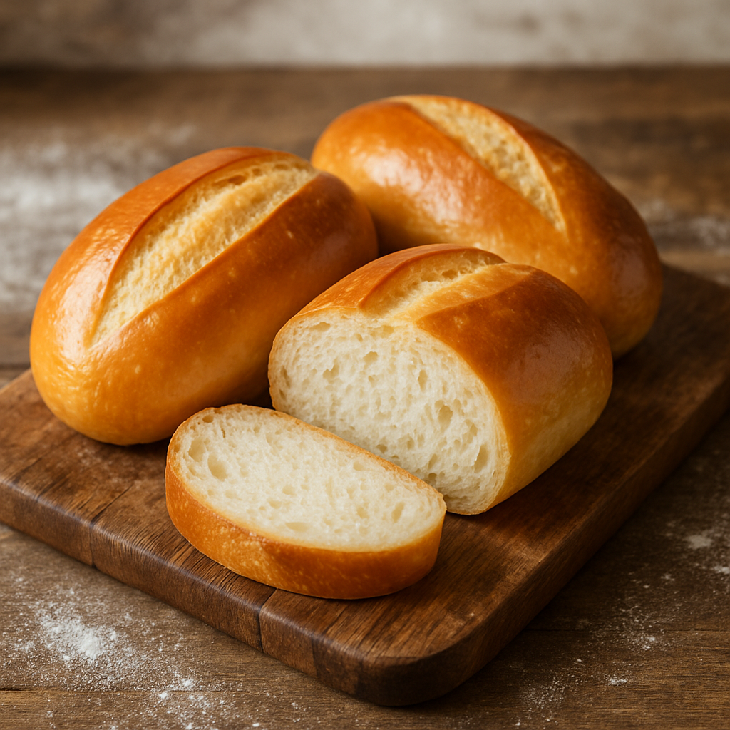 pão de água caseiro fofinho com casca dourada e miolo macio cortado ao meio sobre tábua de madeira