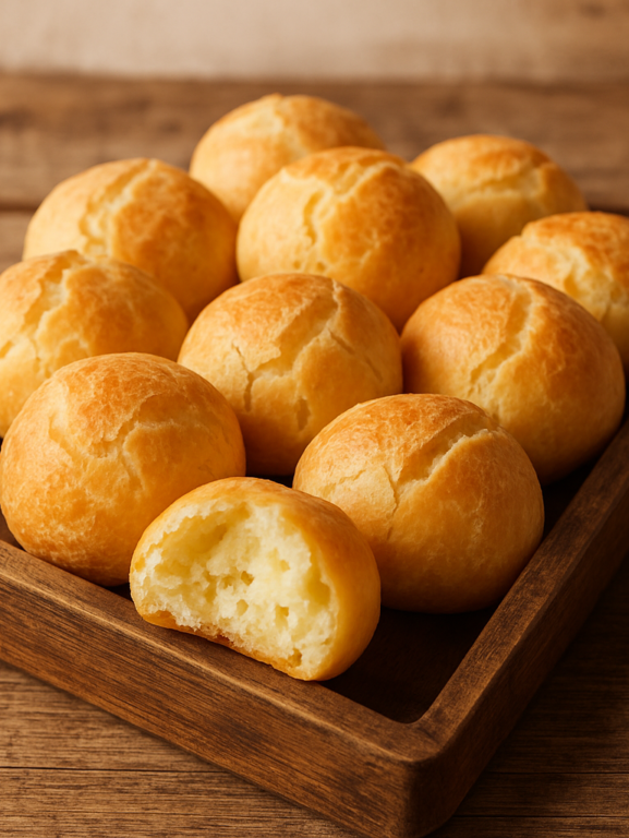 pão de queijo de liquidificador fofinho dourado em bandeja de madeira, partido ao meio mostrando interior macio
