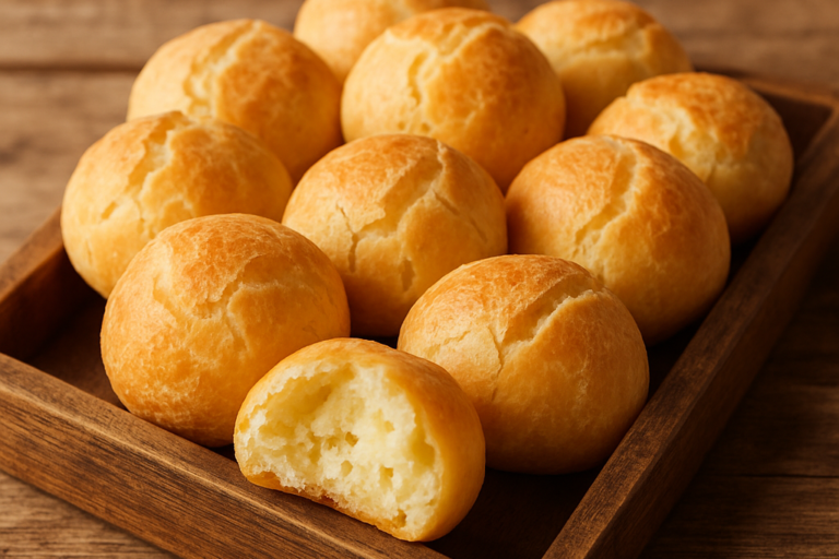 pão de queijo de liquidificador fofinho dourado em bandeja de madeira, partido ao meio mostrando interior macio