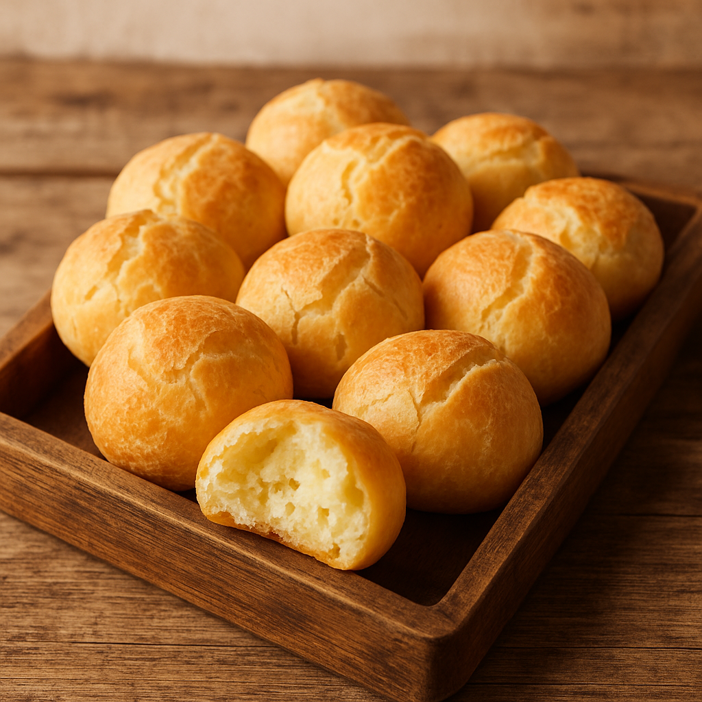 pão de queijo de liquidificador fofinho dourado em bandeja de madeira, partido ao meio mostrando interior macio