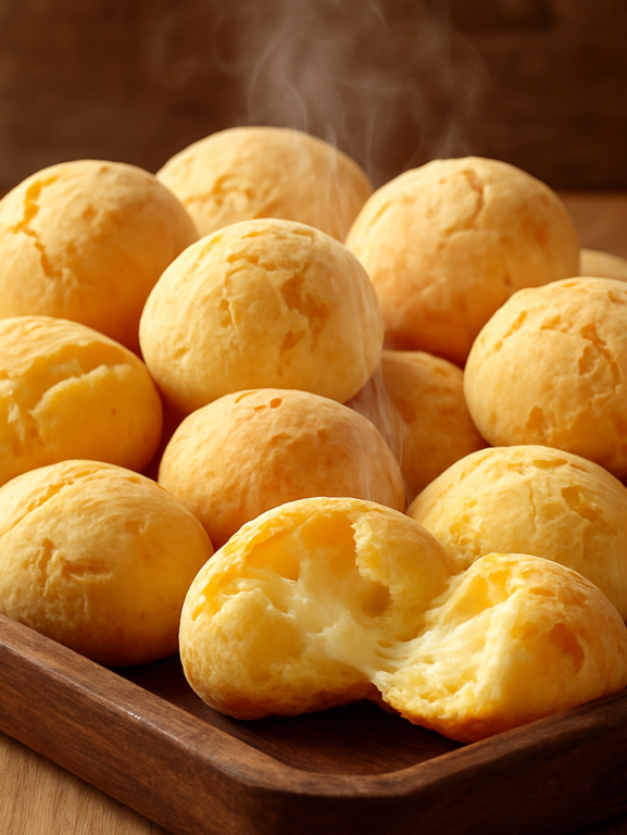 pão de queijo mineiro tradicional dourado em bandeja de madeira com um pãozinho partido mostrando o miolo macio