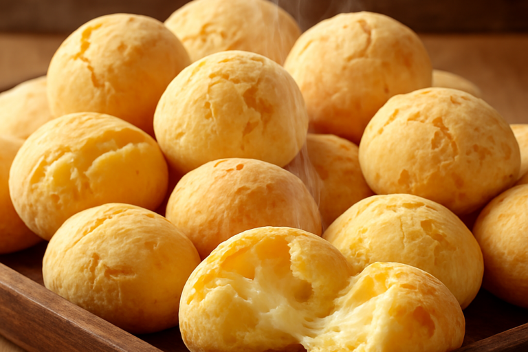 pão de queijo mineiro tradicional dourado em bandeja de madeira com um pãozinho partido mostrando o miolo macio