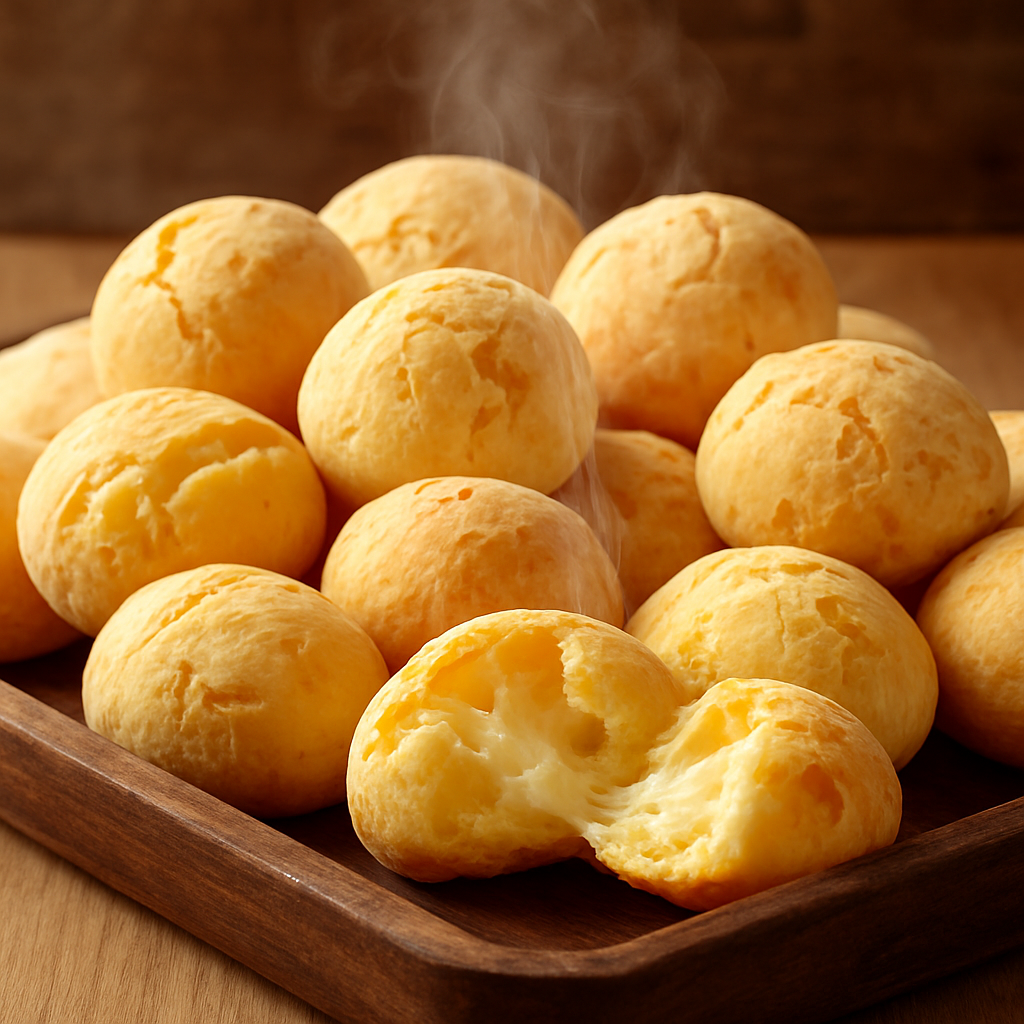 pão de queijo mineiro tradicional dourado em bandeja de madeira com um pãozinho partido mostrando o miolo macio