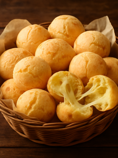 pão de queijo mineiro dourado com casquinha crocante e miolo de queijo derretido em cesta de vime