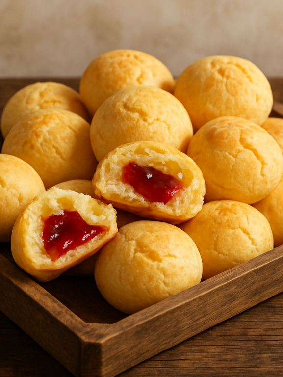 pão de queijo recheado com goiabada partido ao meio mostrando o recheio derretido
