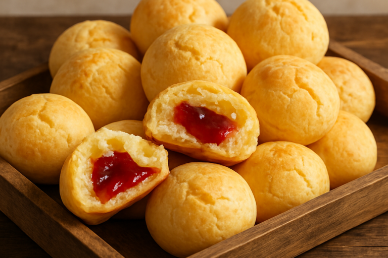pão de queijo recheado com goiabada partido ao meio mostrando o recheio derretido