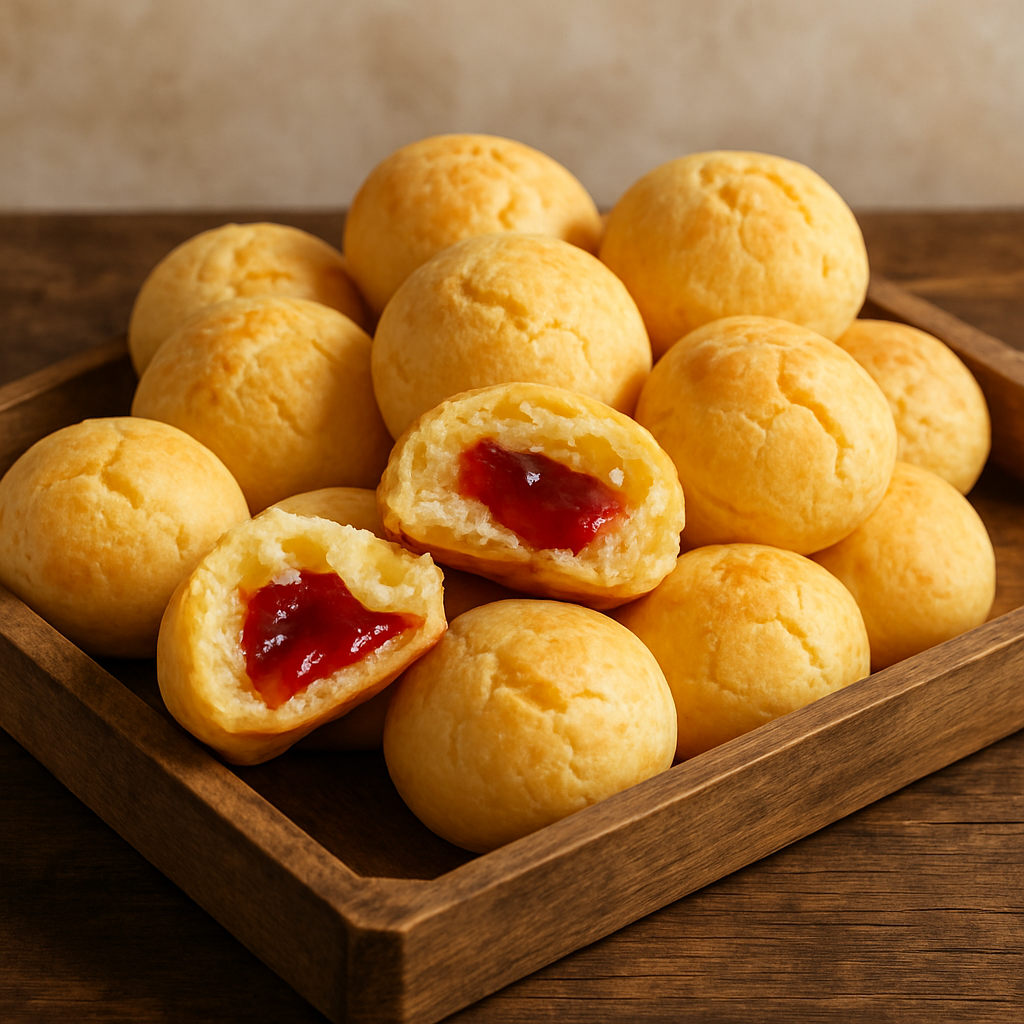 pão de queijo recheado com goiabada partido ao meio mostrando o recheio derretido