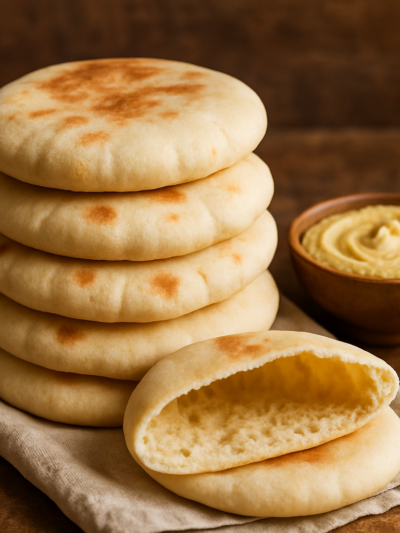 Pão Sírio caseiro macio empilhado com bolsinha oca visível ao corte