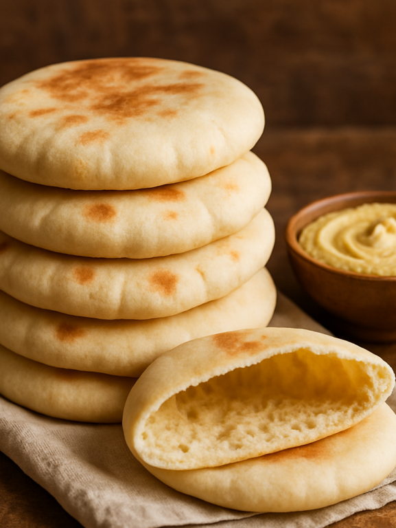 Pão Sírio caseiro macio empilhado com bolsinha oca visível ao corte