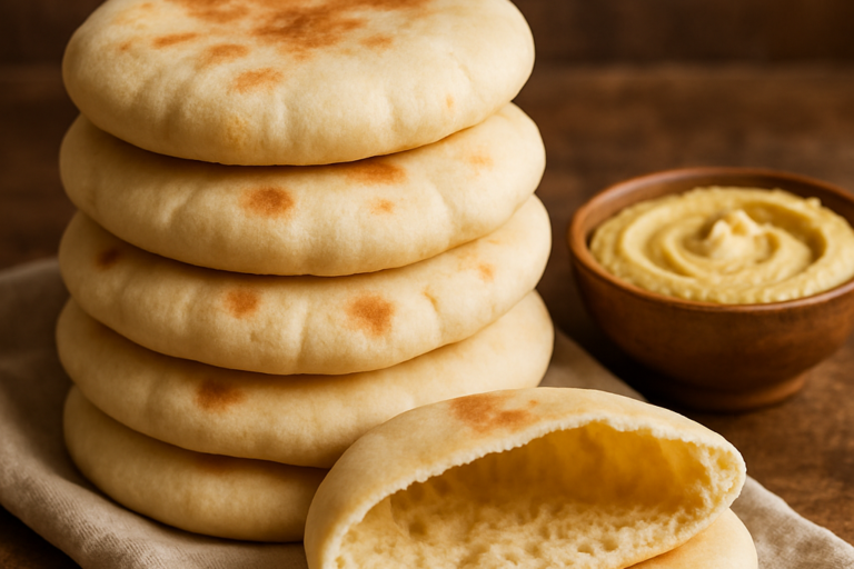 Pão Sírio caseiro macio empilhado com bolsinha oca visível ao corte