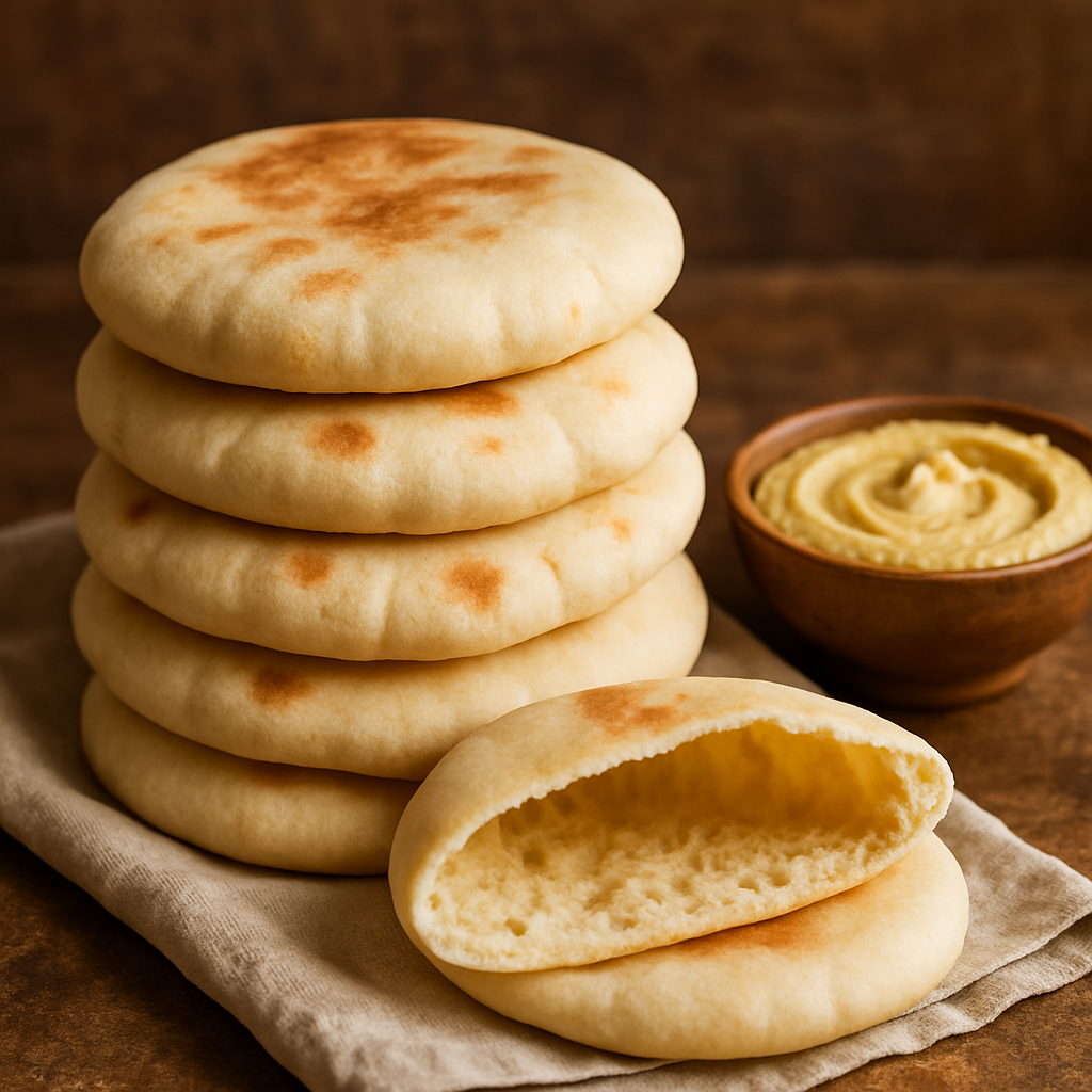Pão Sírio caseiro macio empilhado com bolsinha oca visível ao corte