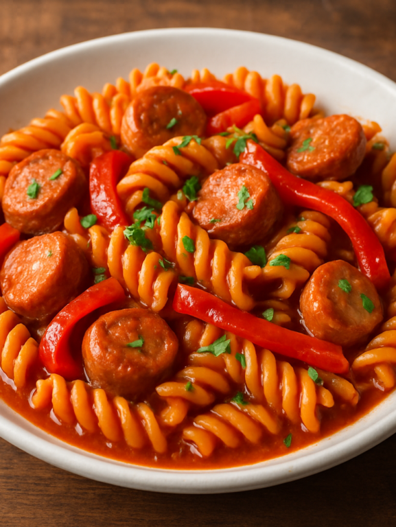 parafuso com pimentão e linguiça ao molho de tomate em prato fundo branco com salsinha