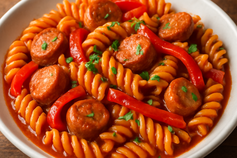 parafuso com pimentão e linguiça ao molho de tomate em prato fundo branco com salsinha