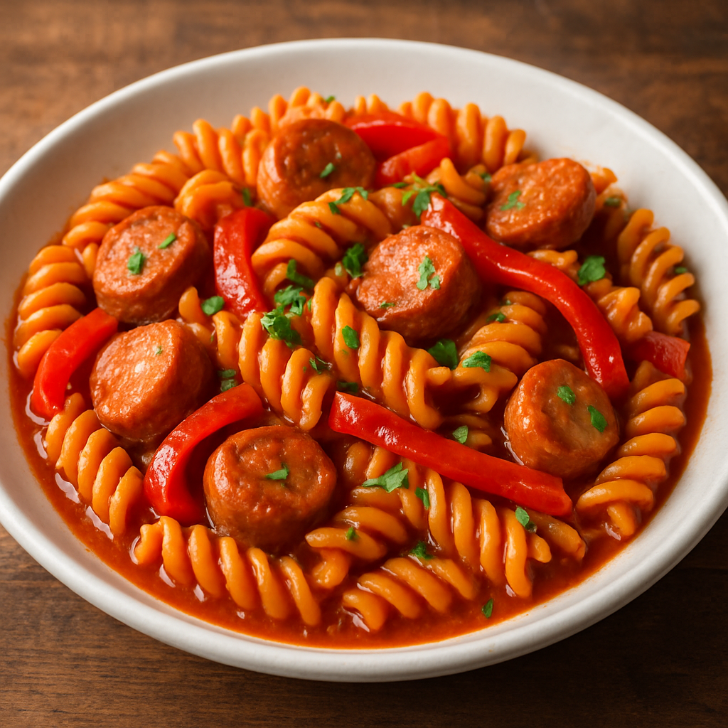 parafuso com pimentão e linguiça ao molho de tomate em prato fundo branco com salsinha