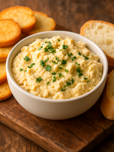 patê de frango cremoso em tigela branca com salsinha e torradinhas ao lado