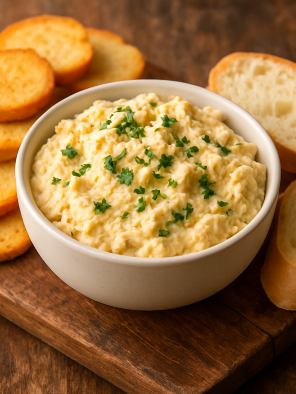 patê de frango cremoso em tigela branca com salsinha e torradinhas ao lado