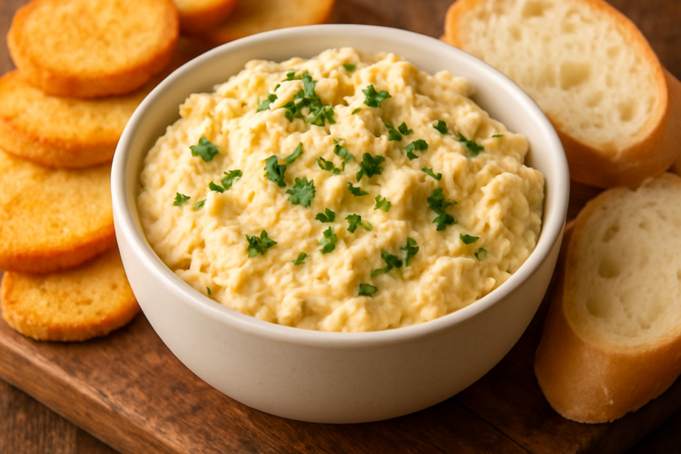 patê de frango cremoso em tigela branca com salsinha e torradinhas ao lado